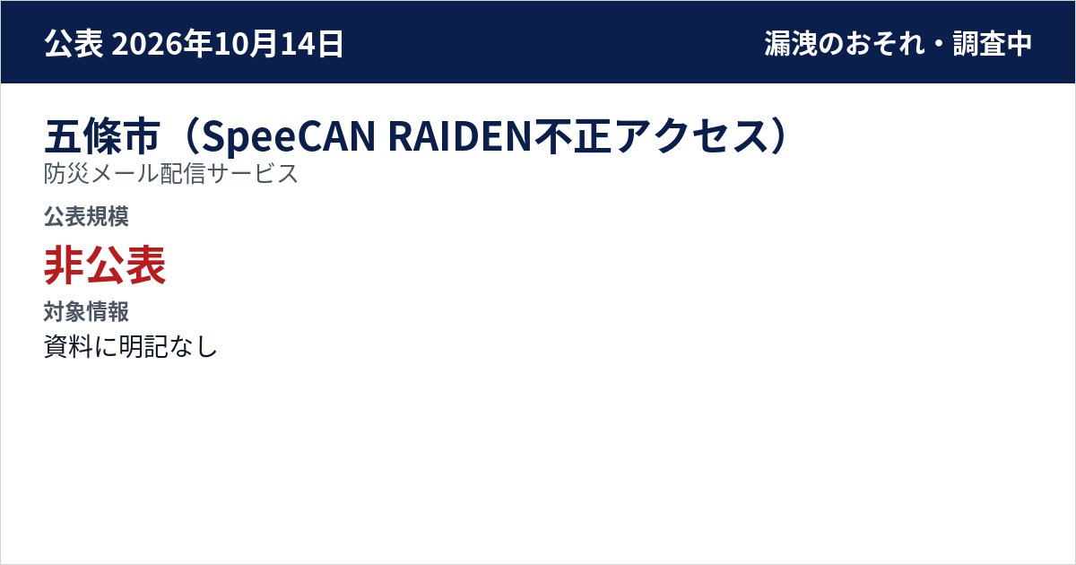 五條市(SpeeCAN RAIDEN不正アクセス) 防災メール配信サービス 公表規模:非公表
