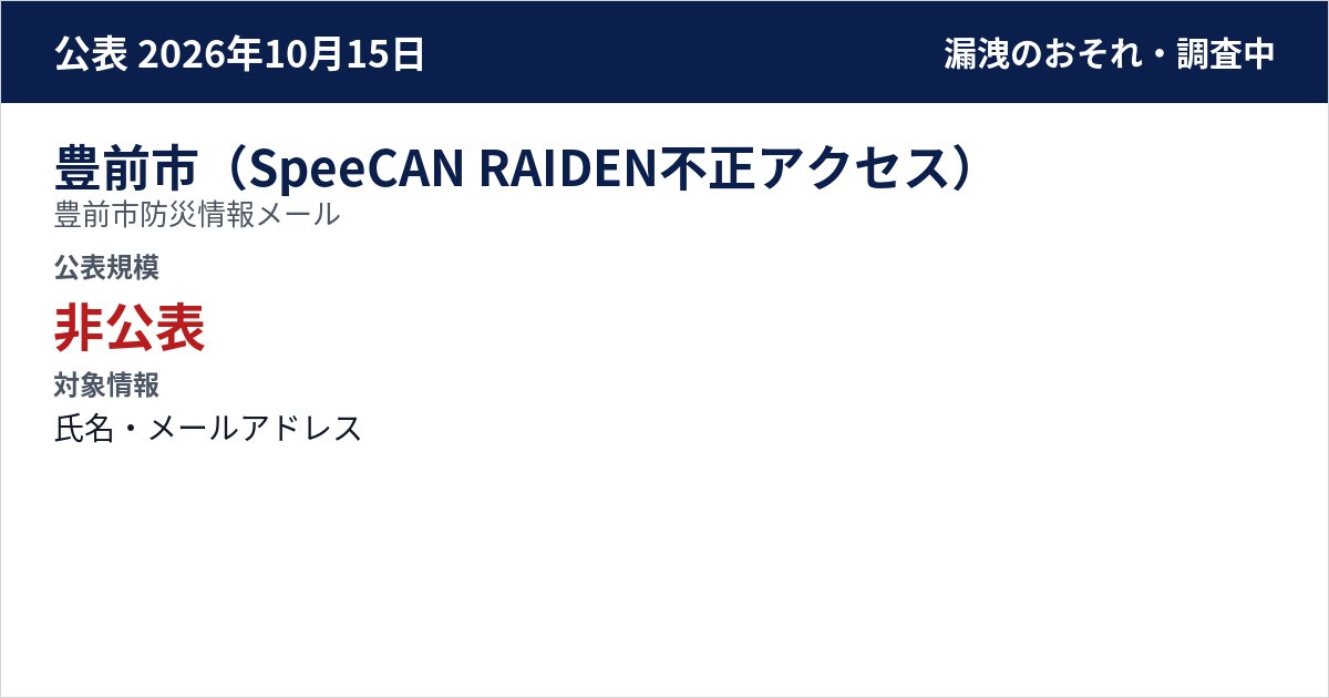 豊前市(SpeeCAN RAIDEN不正アクセス) 豊前市防災情報メール 公表規模:非公表