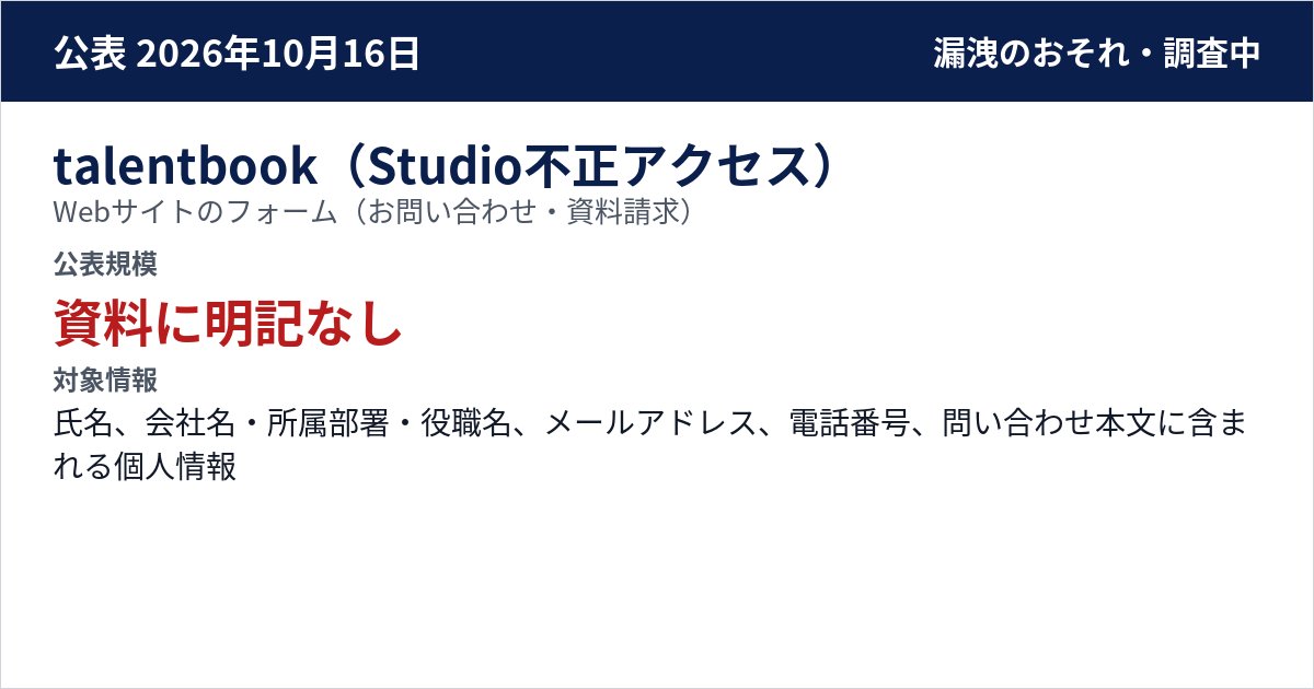 talentbook(Studio不正アクセス) Webサイトのフォーム(お問い合わせ・資料請求) 公表規模:資料に明記なし