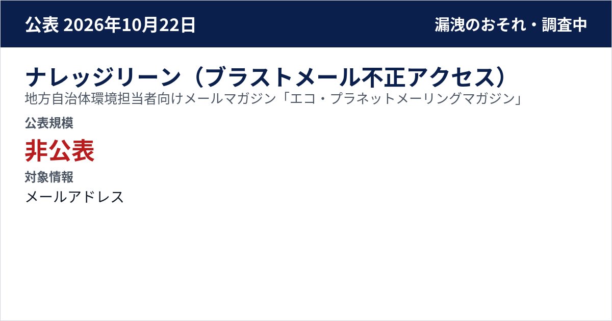 ナレッジリーン(ブラストメール不正アクセス) 地方自治体環境担当者向けメールマガジン「エコ・プラネットメーリングマガジン」 公表規模:非公表
