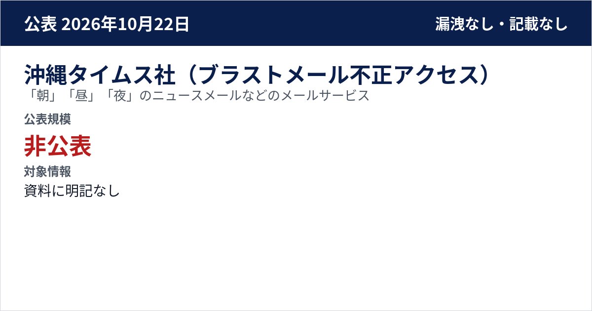 沖縄タイムス社(ブラストメール不正アクセス) 「朝」「昼」「夜」のニュースメールなどのメールサービス 公表規模:非公表