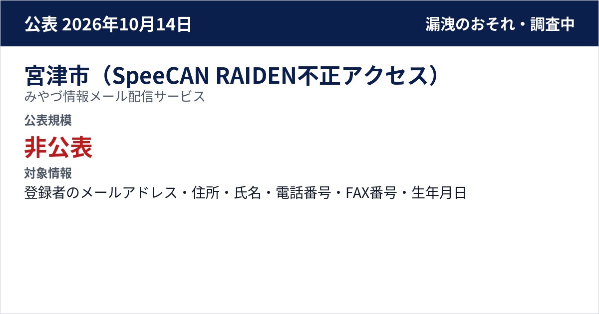 宮津市(SpeeCAN RAIDEN不正アクセス) みやづ情報メール配信サービス 公表規模:非公表