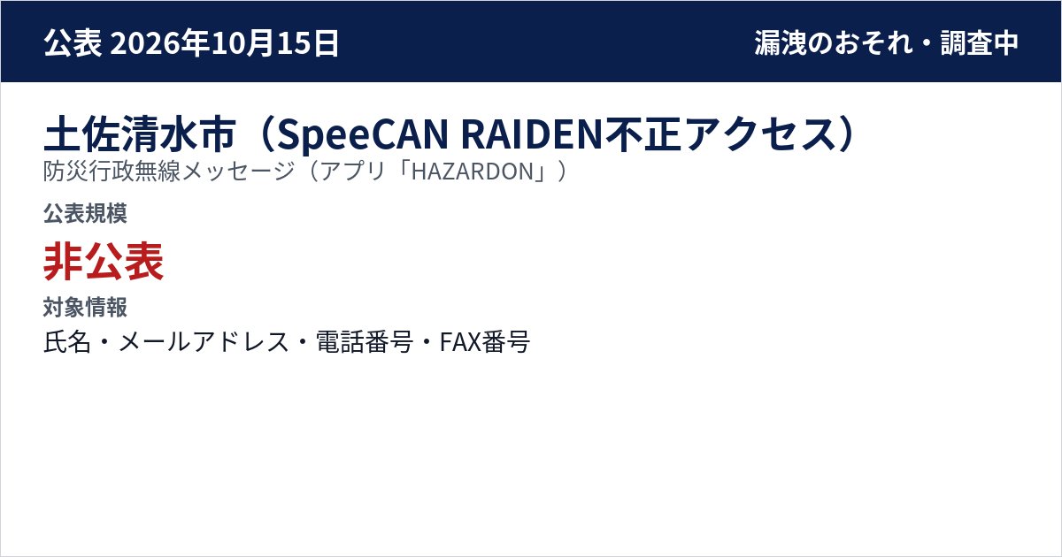 土佐清水市(SpeeCAN RAIDEN不正アクセス) 防災行政無線メッセージ(アプリ「HAZARDON」) 公表規模:非公表