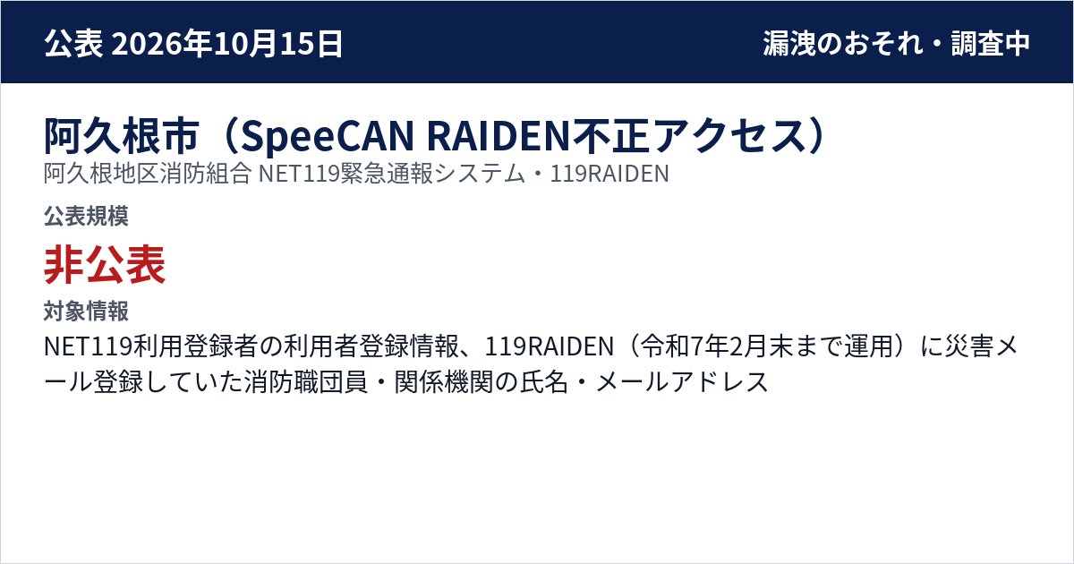 阿久根市(SpeeCAN RAIDEN不正アクセス) 阿久根地区消防組合 NET119緊急通報システム・119RAIDEN 公表規模:非公表