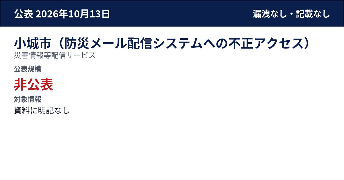 小城市(防災メール配信システムへの不正アクセス) 災害情報等配信サービス 公表規模:非公表
