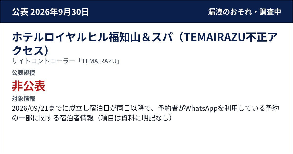 ホテルロイヤルヒル福知山&スパ(TEMAIRAZU不正アクセス) サイトコントローラー「TEMAIRAZU」 公表規模:非公表