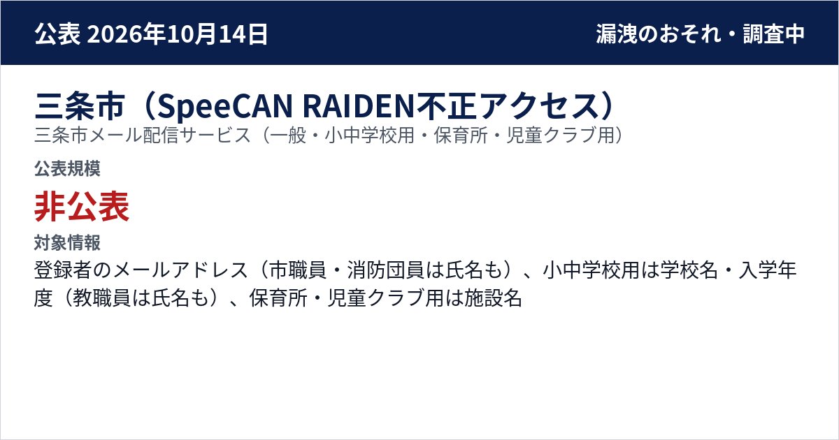 三条市(SpeeCAN RAIDEN不正アクセス) 三条市メール配信サービス(一般・小中学校用・保育所・児童クラブ用) 公表規模:非公表