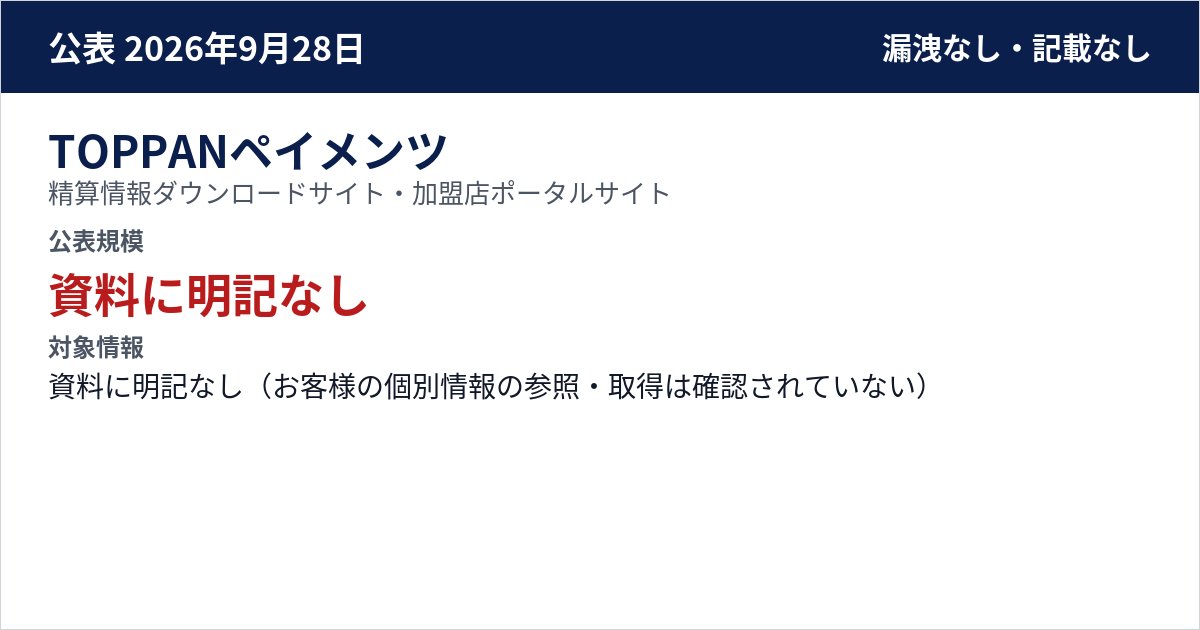 TOPPANペイメンツ 精算情報ダウンロードサイト・加盟店ポータルサイト 公表規模:資料に明記なし