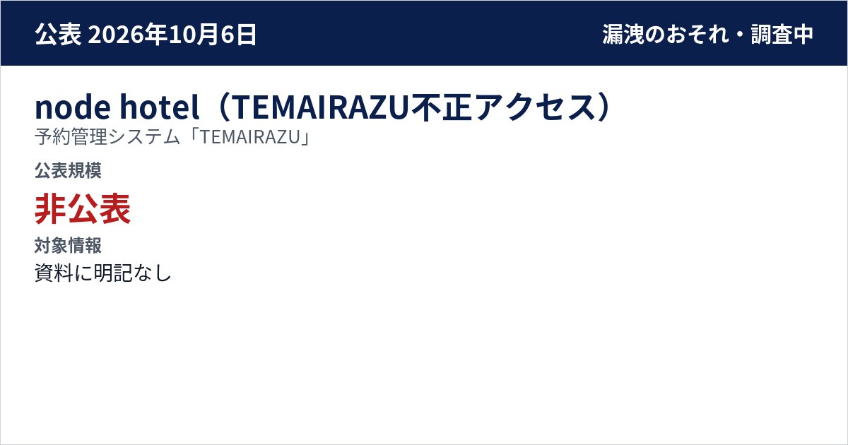 node hotel(TEMAIRAZU不正アクセス) 予約管理システム「TEMAIRAZU」 公表規模:非公表