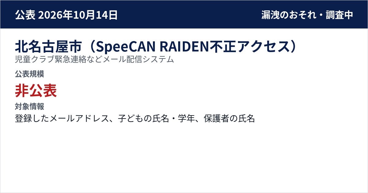 北名古屋市(SpeeCAN RAIDEN不正アクセス) 児童クラブ緊急連絡などメール配信システム 公表規模:非公表