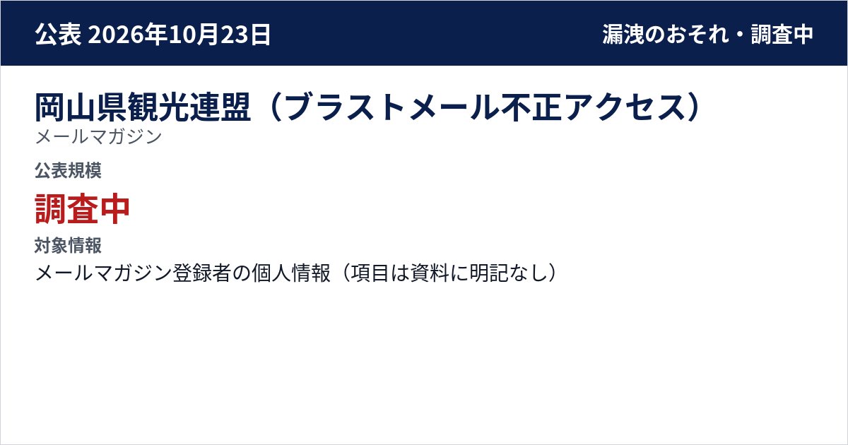岡山県観光連盟(ブラストメール不正アクセス) メールマガジン 公表規模:調査中