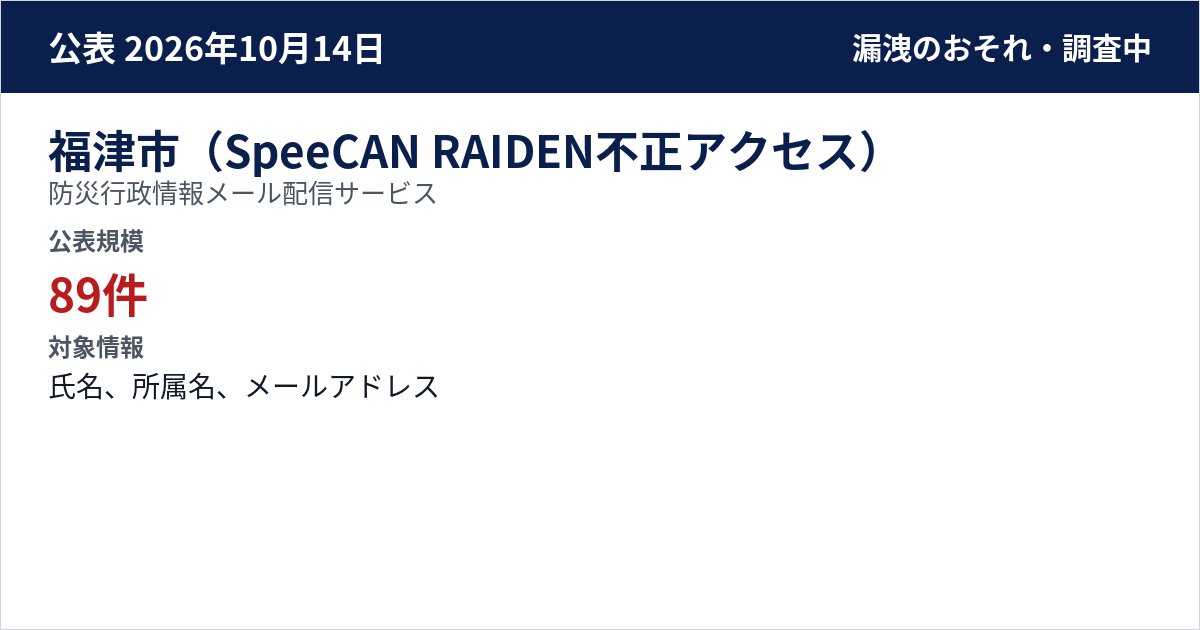 福津市(SpeeCAN RAIDEN不正アクセス) 防災行政情報メール配信サービス 公表規模:89件