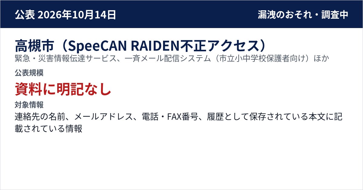 高槻市(SpeeCAN RAIDEN不正アクセス) 緊急・災害情報伝達サービス、一斉メール配信システム(市立小中学校保護者向け)、NET119通報サービス 公表規模:資料に明記なし