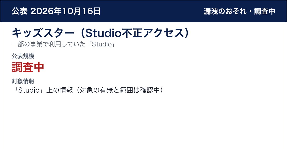 キッズスター（Studio不正アクセス） 一部の事業で利用していた「Studio」　公表規模：調査中
