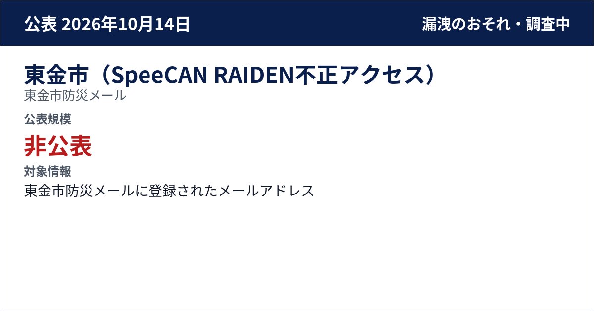 東金市(SpeeCAN RAIDEN不正アクセス) 東金市防災メール 公表規模:非公表
