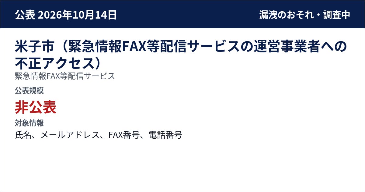 米子市(緊急情報FAX等配信サービスの運営事業者への不正アクセス) 緊急情報FAX等配信サービス 公表規模:非公表