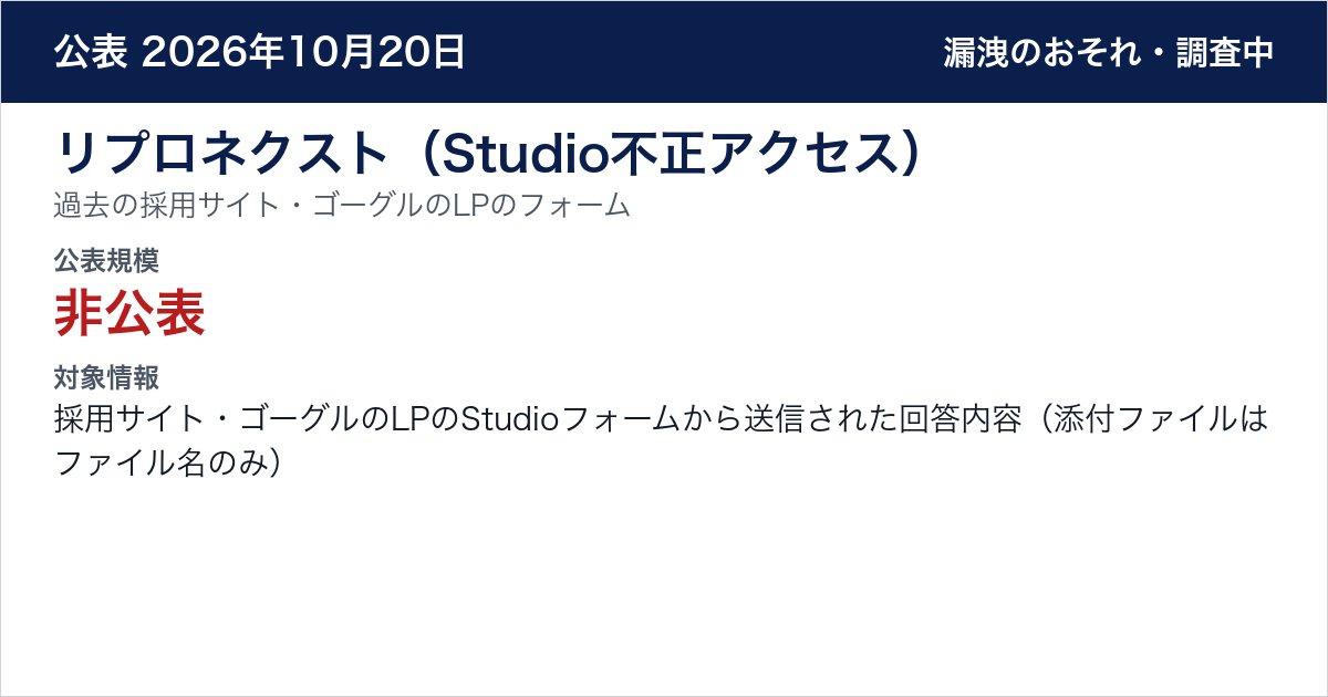 リプロネクスト（Studio不正アクセス） 過去の採用サイト・ゴーグルのLPのフォーム　公表規模：非公表