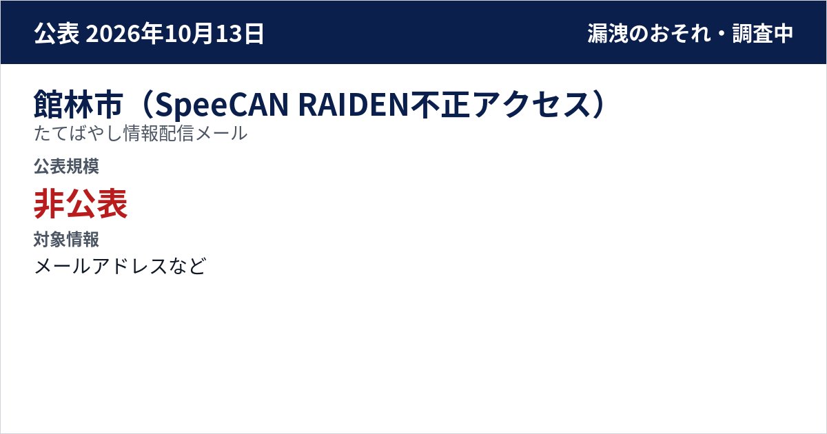 館林市(SpeeCAN RAIDEN不正アクセス) たてばやし情報配信メール 公表規模:非公表
