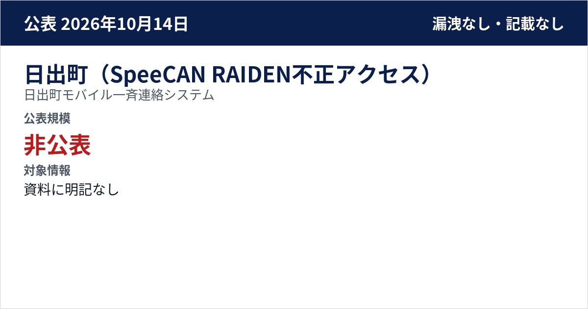 日出町(SpeeCAN RAIDEN不正アクセス) 日出町モバイル一斉連絡システム 公表規模:非公表