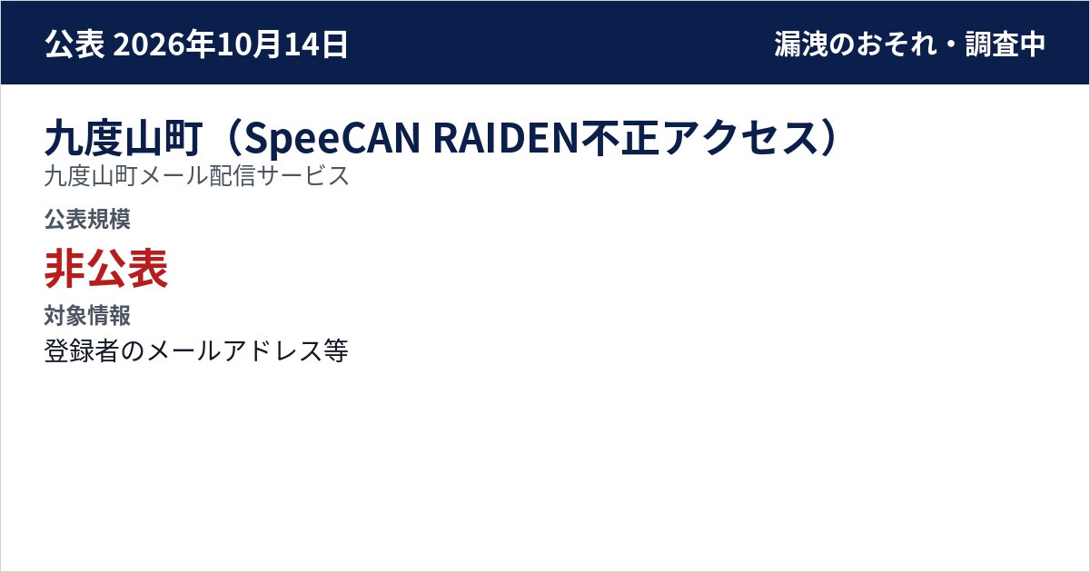 九度山町(SpeeCAN RAIDEN不正アクセス) 九度山町メール配信サービス 公表規模:非公表