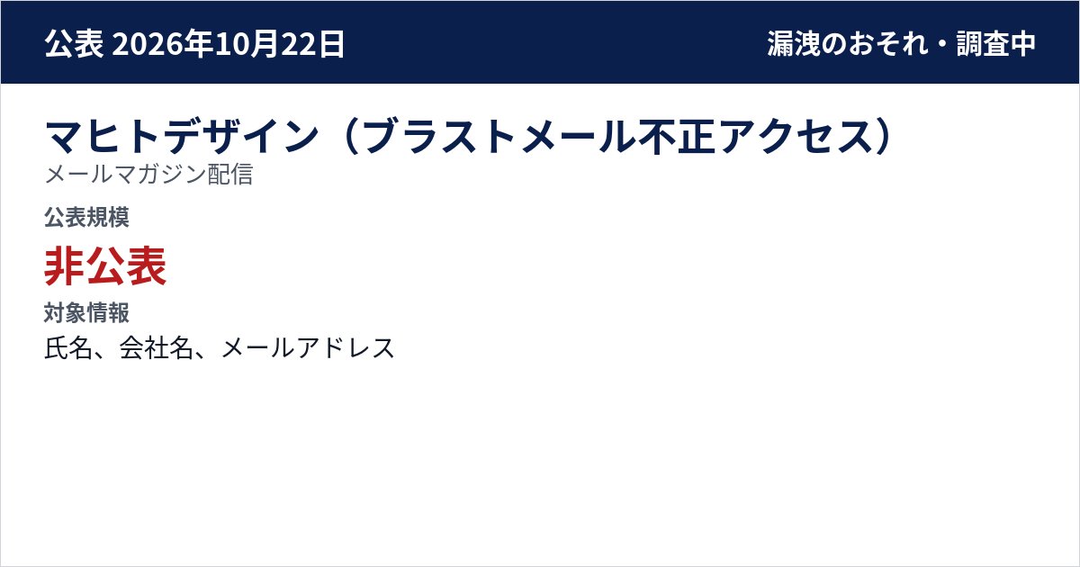 マヒトデザイン(ブラストメール不正アクセス) メールマガジン配信 公表規模:非公表
