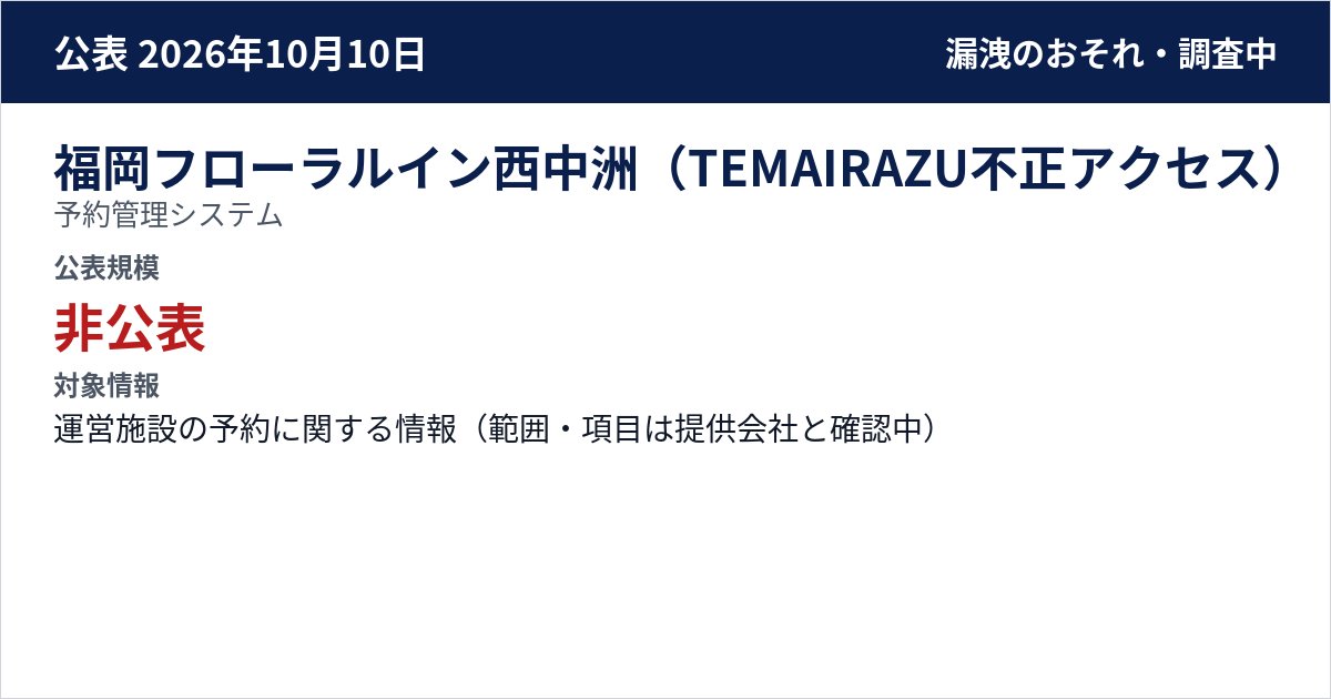 福岡フローラルイン西中洲(TEMAIRAZU不正アクセス) 予約管理システム 公表規模:非公表