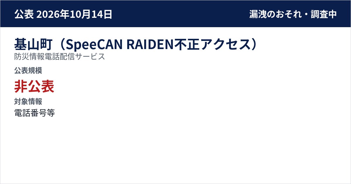 基山町(SpeeCAN RAIDEN不正アクセス) 防災情報電話配信サービス 公表規模:非公表