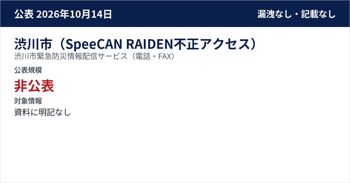 渋川市(SpeeCAN RAIDEN不正アクセス) 渋川市緊急防災情報配信サービス(電話・FAX) 公表規模:非公表