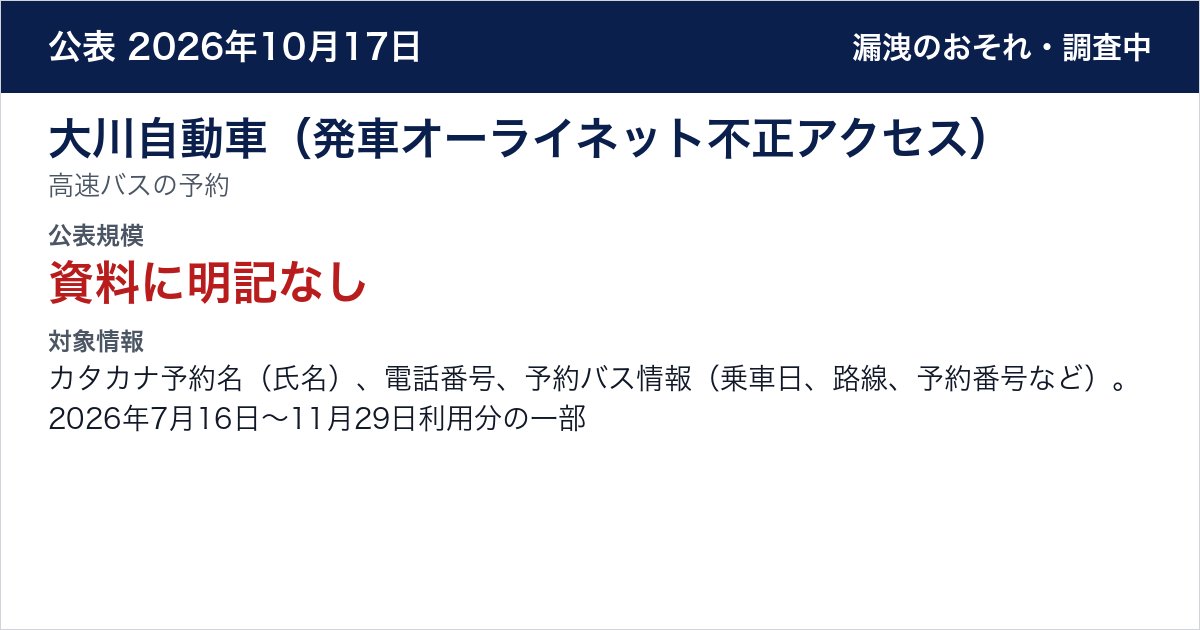 大川自動車（発車オーライネット不正アクセス） 高速バスの予約　公表規模：資料に明記なし