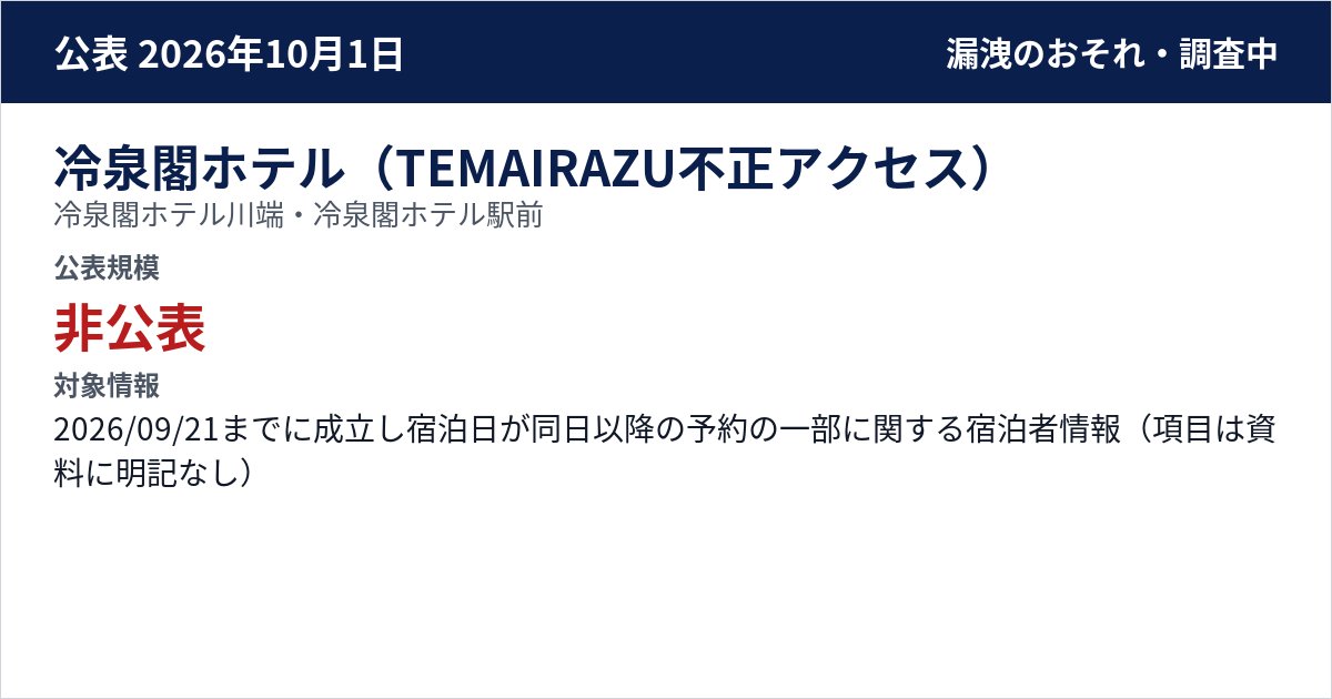 冷泉閣ホテル(TEMAIRAZU不正アクセス) 冷泉閣ホテル川端・冷泉閣ホテル駅前 公表規模:非公表