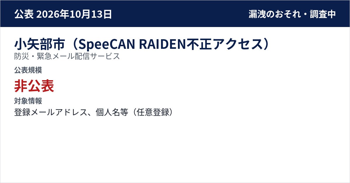 小矢部市(SpeeCAN RAIDEN不正アクセス) 防災・緊急メール配信サービス 公表規模:非公表