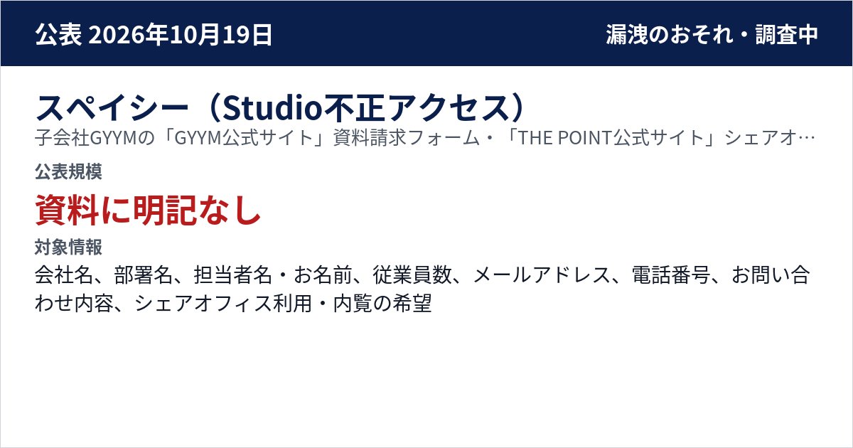 スペイシー(Studio不正アクセス) 子会社GYYMの「GYYM公式サイト」資料請求フォーム・「THE POINT公式サイト」シェアオフィスのお問い合わせフォーム 公表規模:資料に明記なし