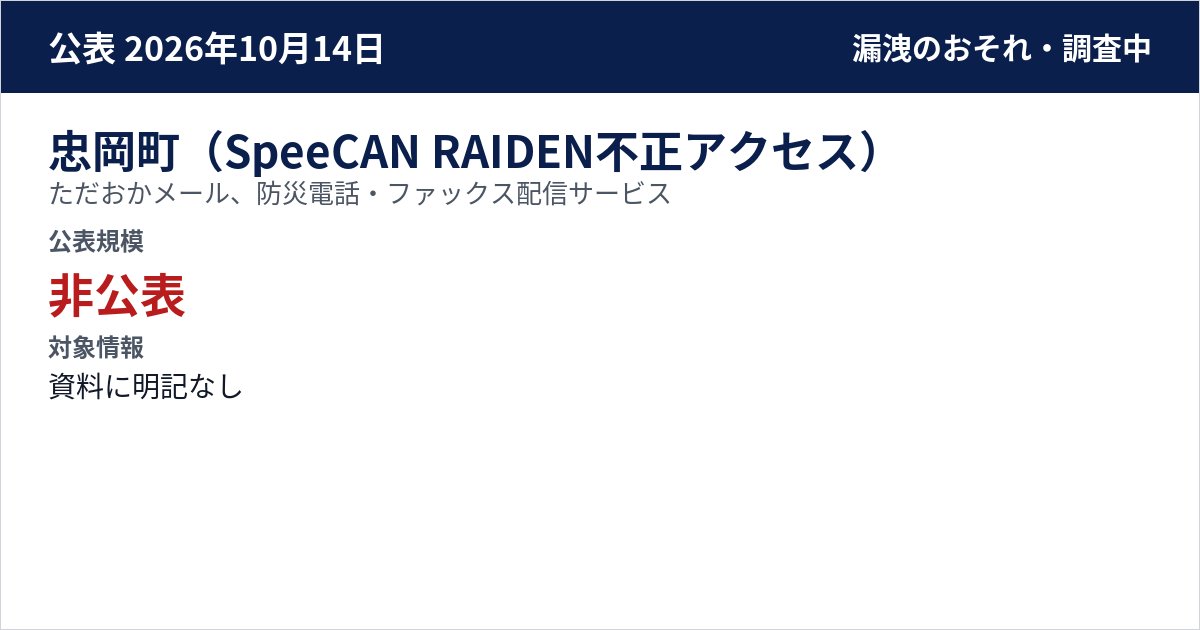 忠岡町(SpeeCAN RAIDEN不正アクセス) ただおかメール、防災電話・ファックス配信サービス 公表規模:非公表