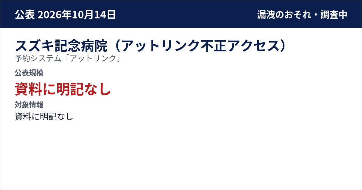 スズキ記念病院(アットリンク不正アクセス) 予約システム「アットリンク」 公表規模:資料に明記なし