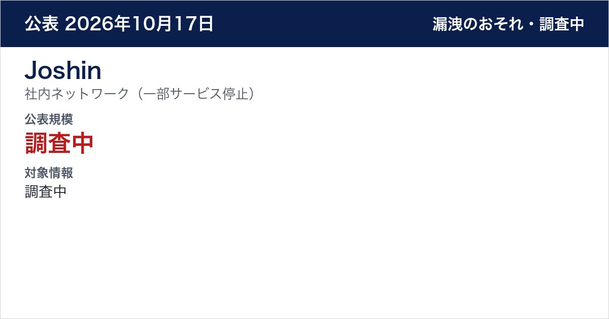 Joshin 社内ネットワーク(一部サービス停止) 公表規模:調査中