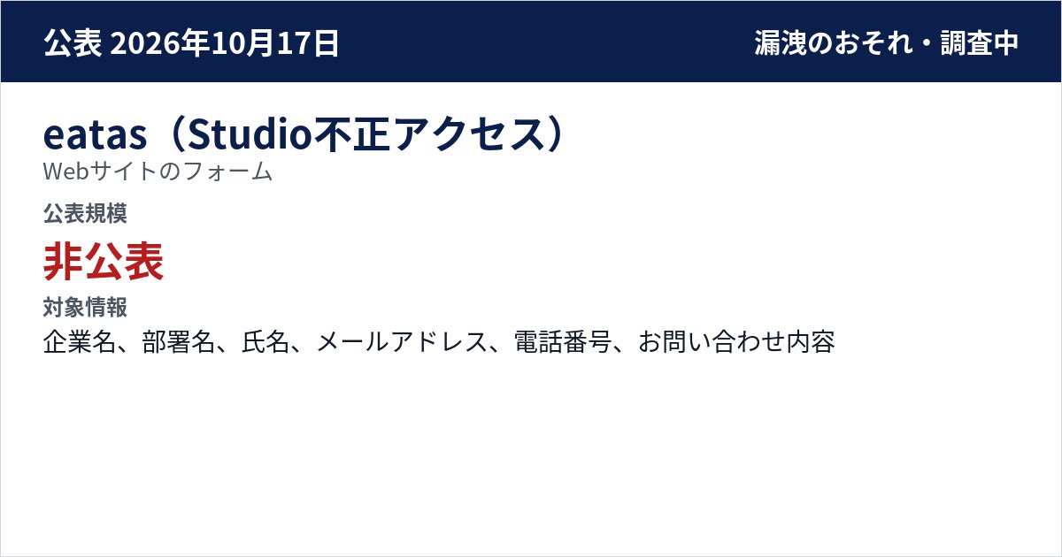 eatas(Studio不正アクセス) Webサイトのフォーム 公表規模:非公表