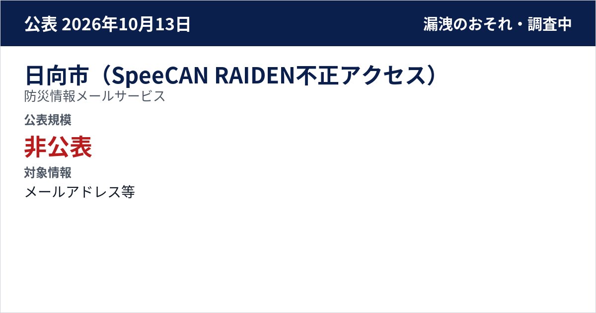 日向市(SpeeCAN RAIDEN不正アクセス) 防災情報メールサービス 公表規模:非公表