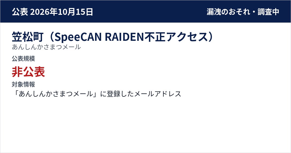 笠松町(SpeeCAN RAIDEN不正アクセス) あんしんかさまつメール 公表規模:非公表