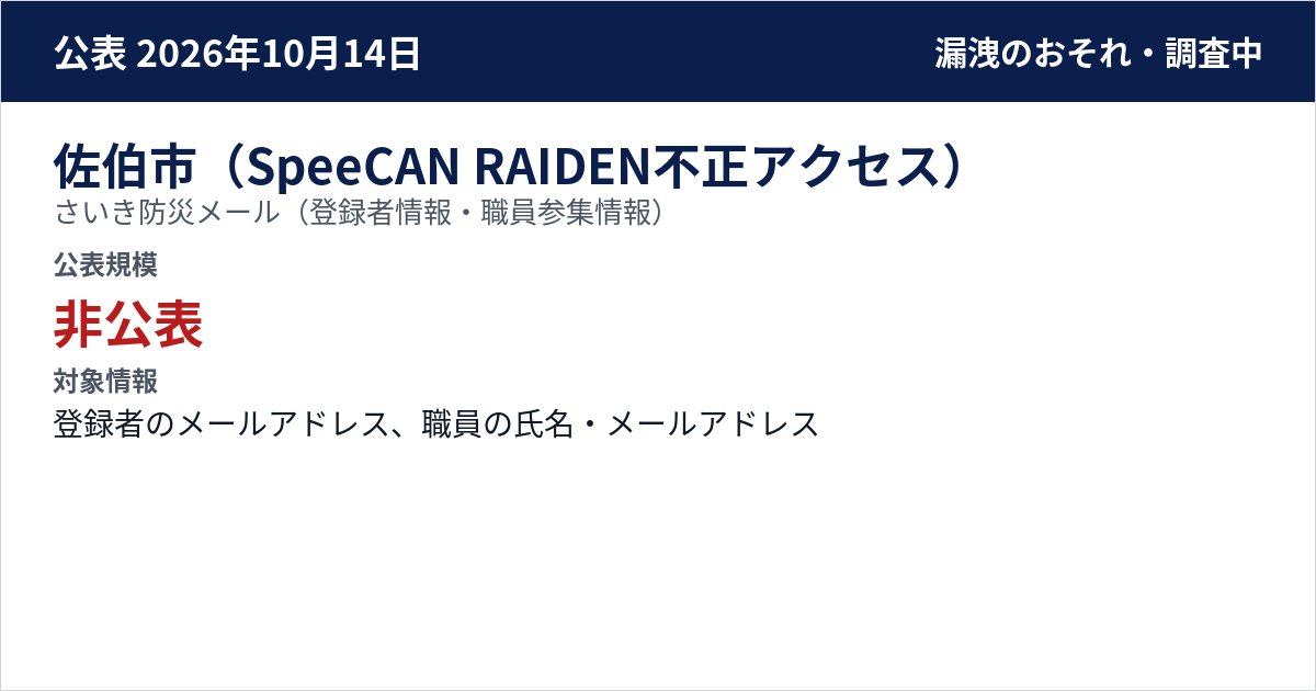 佐伯市(SpeeCAN RAIDEN不正アクセス) さいき防災メール(登録者情報・職員参集情報) 公表規模:非公表