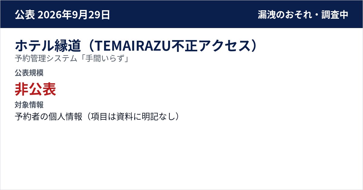 ホテル縁道(TEMAIRAZU不正アクセス) 予約管理システム「手間いらず」 公表規模:非公表