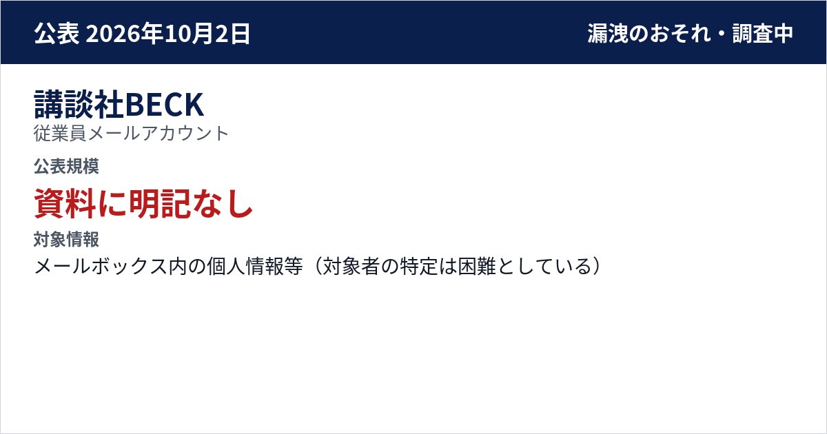 講談社BECK 従業員メールアカウント 公表規模:資料に明記なし