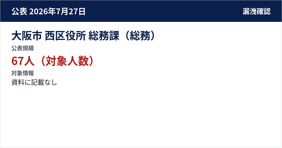 大阪市 西区役所 総務課(総務) 公表規模:67人(対象人数)