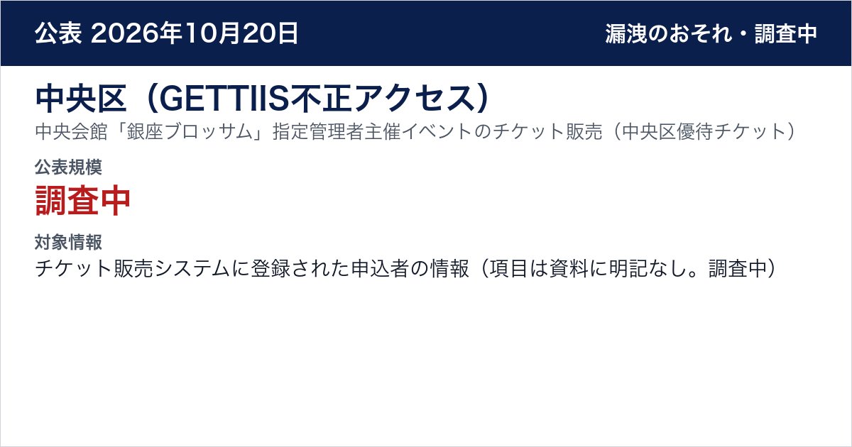 中央区（GETTIIS不正アクセス） 中央会館「銀座ブロッサム」指定管理者主催イベントのチケット販売（中央区優待チケット）　公表規模：調査中