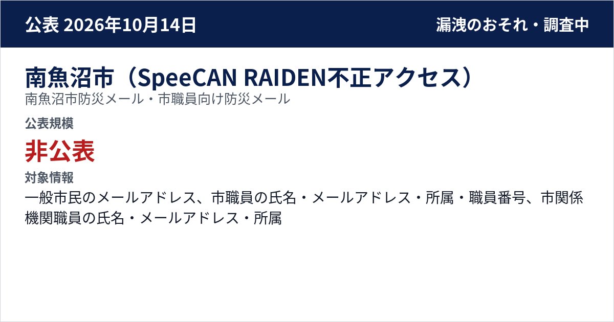 南魚沼市(SpeeCAN RAIDEN不正アクセス) 南魚沼市防災メール・市職員向け防災メール 公表規模:非公表