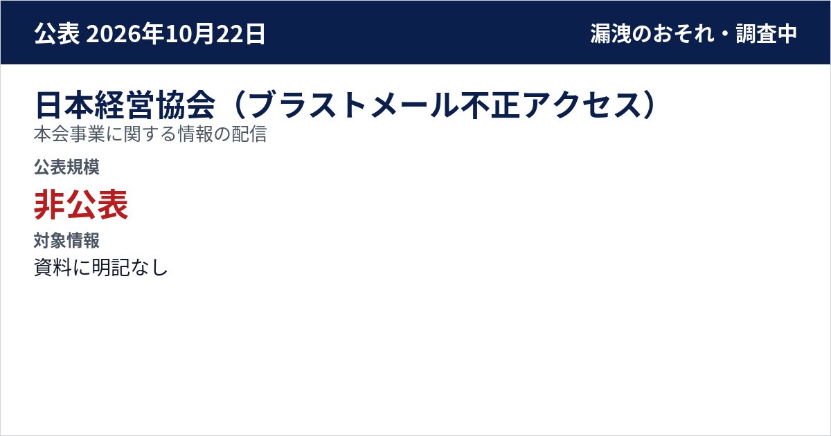 日本経営協会(ブラストメール不正アクセス) 本会事業に関する情報の配信 公表規模:非公表