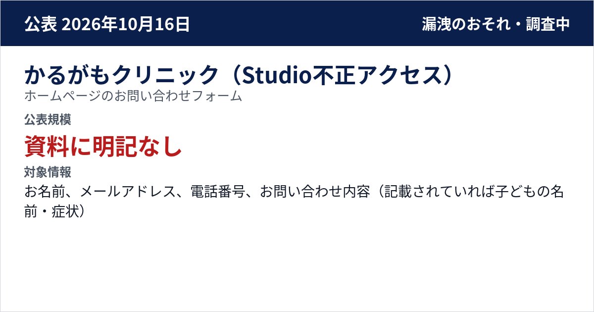 かるがもクリニック(Studio不正アクセス) ホームページのお問い合わせフォーム 公表規模:資料に明記なし