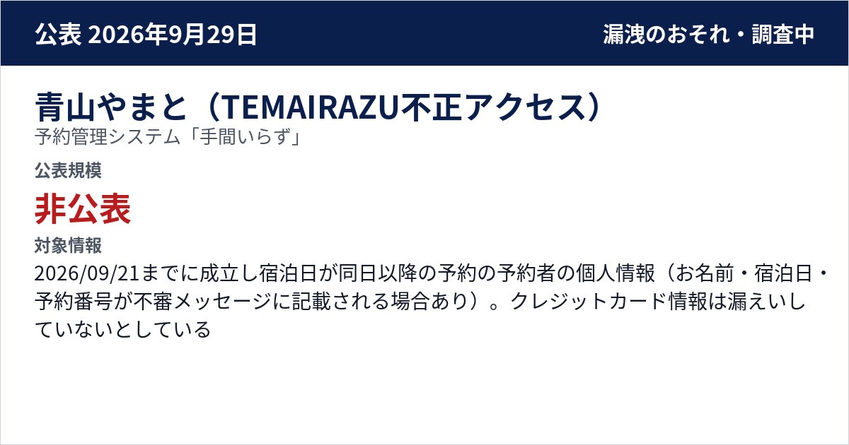 青山やまと(TEMAIRAZU不正アクセス) 予約管理システム「手間いらず」 公表規模:非公表