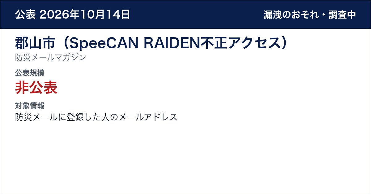 郡山市(SpeeCAN RAIDEN不正アクセス) 防災メールマガジン 公表規模:非公表