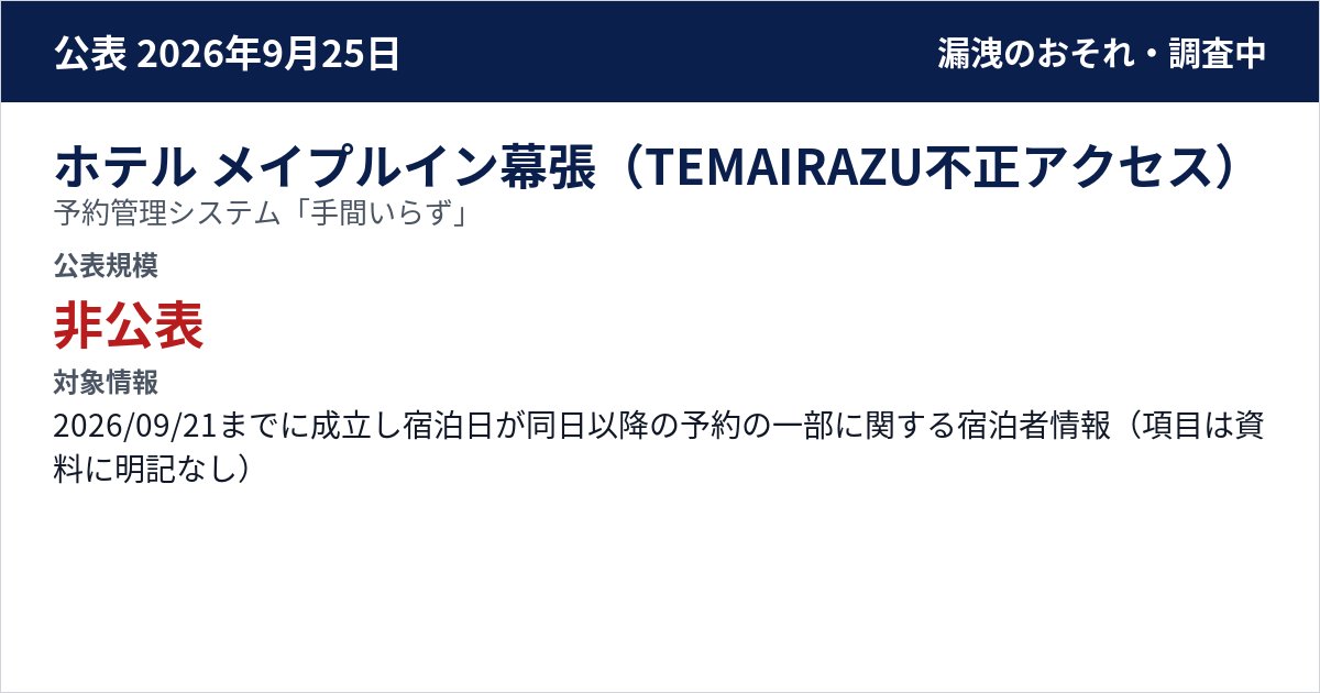 ホテル メイプルイン幕張(TEMAIRAZU不正アクセス) 予約管理システム「手間いらず」 公表規模:非公表