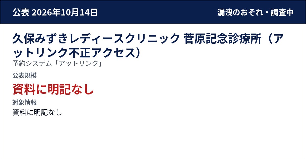 久保みずきレディースクリニック 菅原記念診療所(アットリンク不正アクセス) 予約システム「アットリンク」 公表規模:資料に明記なし